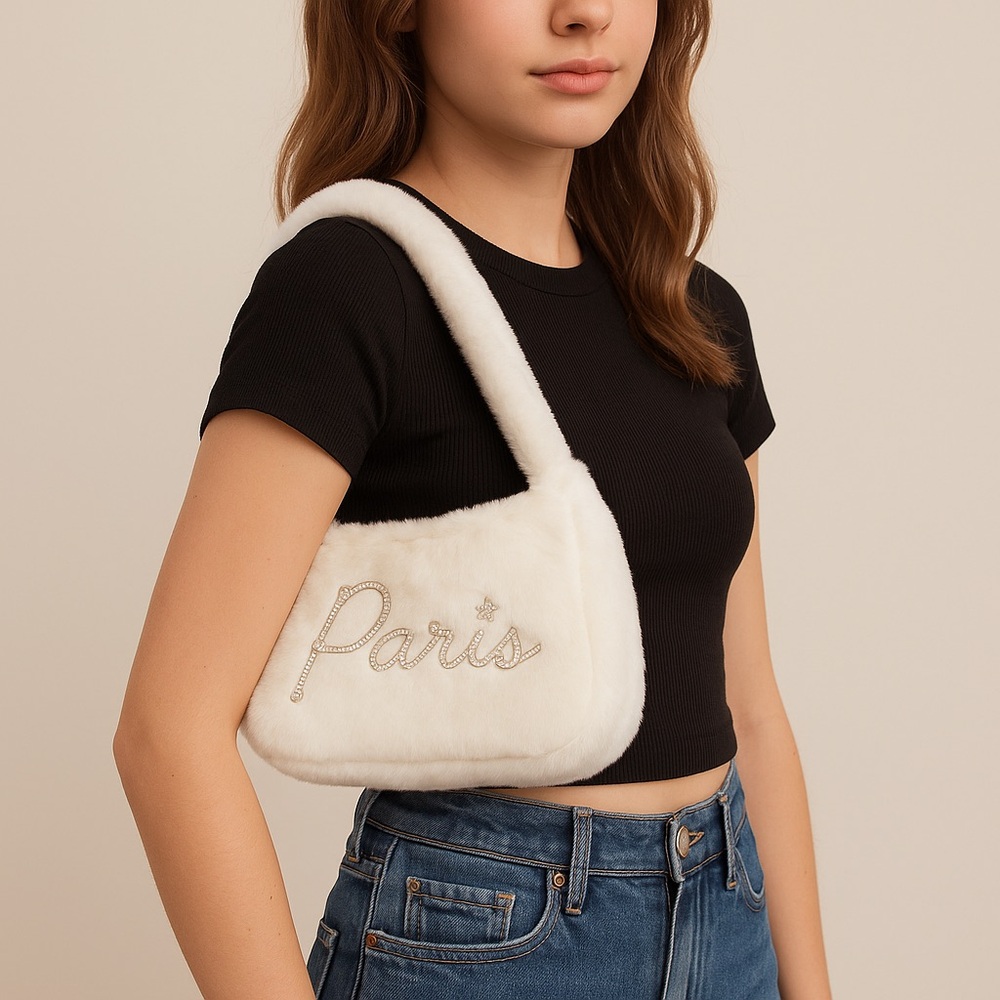 Paris‎ Hilton White Faux Fur Baguette Bag Paris Forever Style